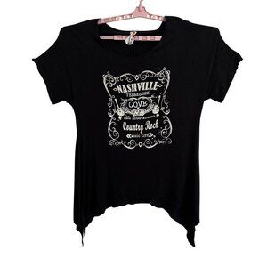 Nashville Country Rock Graphic Women Black Handkerchief Hem Top XL Big Bang USA